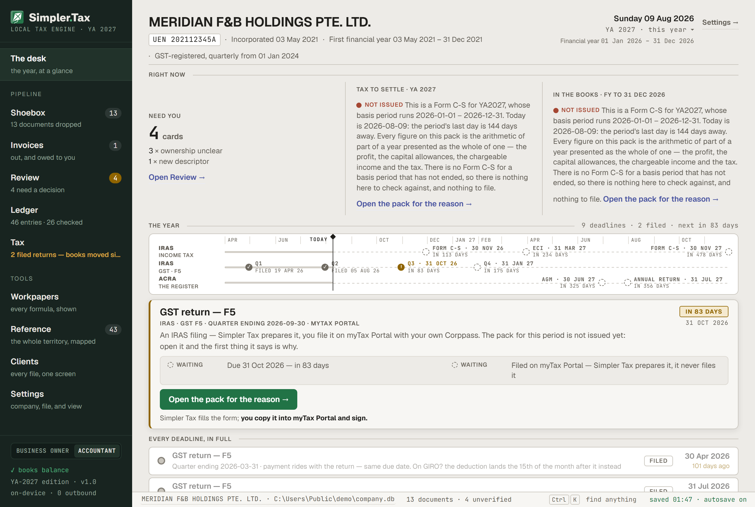 Simpler Tax in the Accountant view: the same desk unfolded, adding the engine's own reason the YA 2027 Form C-S is not issued yet, a timeline of the IRAS and ACRA deadlines with the filed GST quarters pinned, and the nearest deadline's card naming where it is filed.